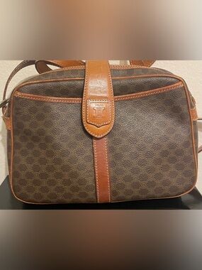 Celine Brown Patterned Leather-Trim Crossbody Bag